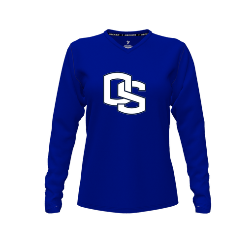 [CUS-DFW-TEES-CMF-VNK-LSL-RYL-FYXS-LOGO1] Decker Comfort T-Shirt (Female Youth XS, Royal, V Neck, Logo 1, Long Sleeve)
