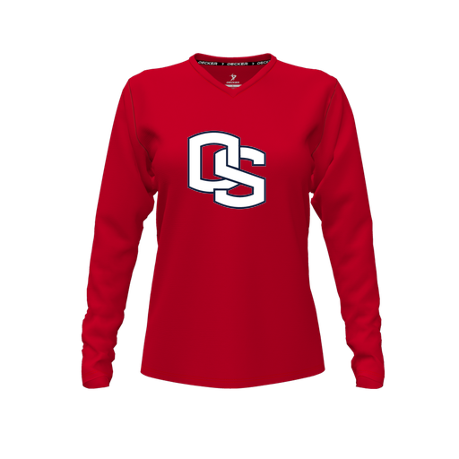 [CUS-DFW-TEES-CMF-VNK-LSL-RED-FYXS-LOGO1] Decker Comfort T-Shirt (Female Youth XS, Red, V Neck, Logo 1, Long Sleeve)