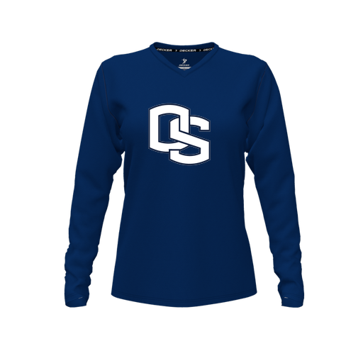 [CUS-DFW-TEES-PER-VNK-LSL-NVY-FYXS-LOGO1] Decker Performance T-Shirt (Female Youth XS, Navy, V Neck, Logo 1, Long Sleeve)