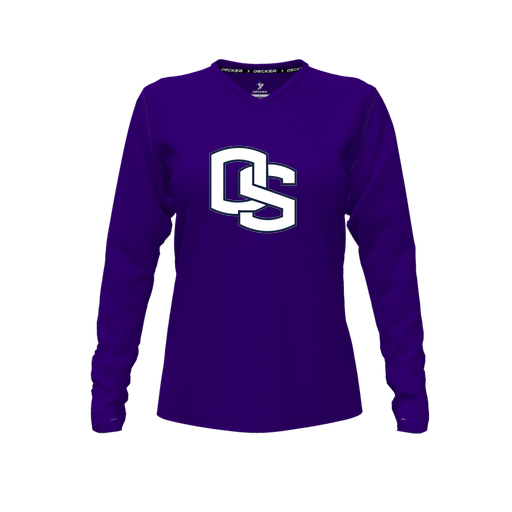 [CUS-DFW-TEES-PER-VNK-LSL-PUR-FYXS-LOGO1] Decker Performance T-Shirt (Female Youth XS, Purple, V Neck, Logo 1, Long Sleeve)